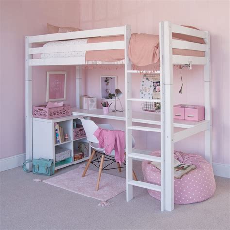 Classic Beech High Sleeper with Desk and Storage Bookcase - Pure White | Bunk bed with desk ...