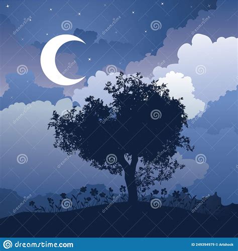 Night Landscape with Tree Silhouette Stock Vector - Illustration of evening, leaf: 249394979