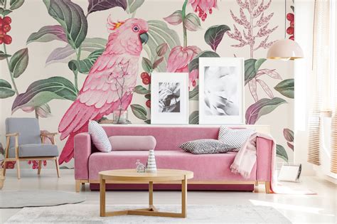 Pink Parrot Wallpaper Tropical Bird and Flowers Mural Self - Etsy