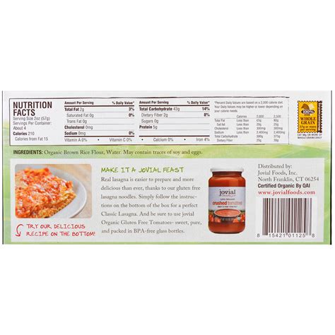 Jovial, Organic Brown Rice Pasta, Lasagna, 9 oz (255 g) - iHerb