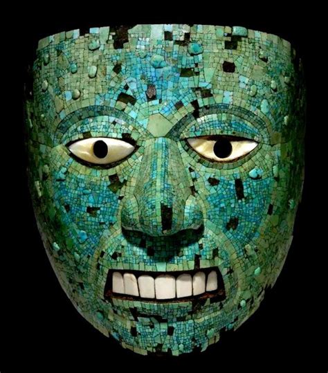 A turquoise mosaic mask representing Xiuhtecuhtli, the Aztec god of fire, 1400-1521 CE. The mask ...