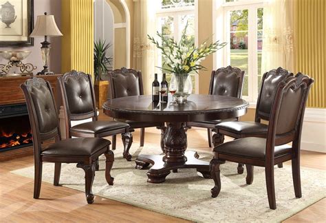 Formal 7pc Dining Set Round Table with 6 Side Chair Wood Carving ...