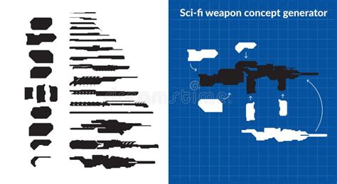 Sci-fi Weapon Concept Generator with Sample Weapon on Blueprint Stock Vector - Illustration of ...