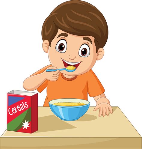 Cartoon little boy having breakfast cereals 8734608 Vector Art at Vecteezy