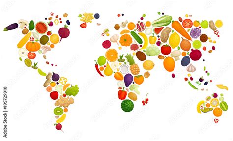 Map of the world laid out of vegetables and fruits. Food in the form of continents. Vector ...