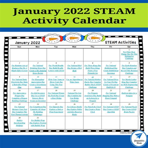 January 2022 STEAM Activity Calendar Featuring January Holidays - JDaniel4s Mom