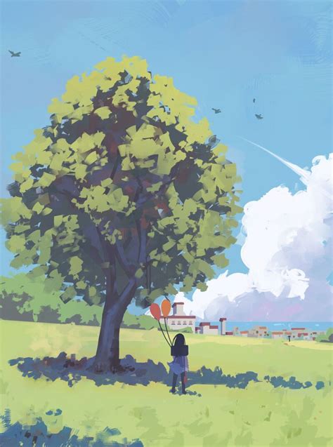 ArtStation - Tree, Fran Lu | Landscape illustration, Aesthetic art, Landscape art