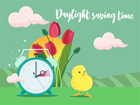 Daylight saving time banner. Clocks move forward. Tulips and chicken near the clock. Spring ...