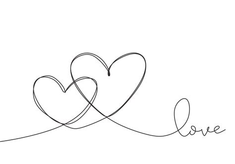 Continuous line drawing two hearts, Black and white vector minimalist illustration of love ...