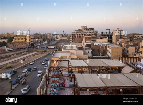 Egypt, Luxor, View of rooftop restaurant, on the left is the Avenue of ...