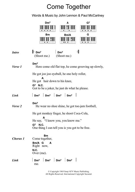 Come Together by The Beatles Sheet Music for Piano Chords/Lyrics at ...