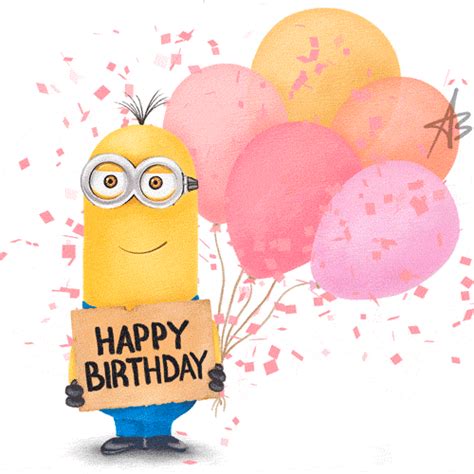 A minion holding a sign that says Happy Birthday with pink balloons and confetti | Funimada.com