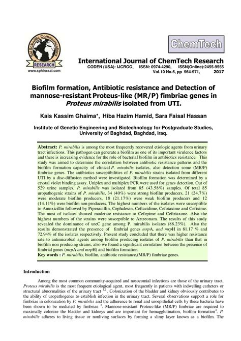 (PDF) Biofilm formation, Antibiotic resistance and Detection of mannose-resistant Proteus-like ...