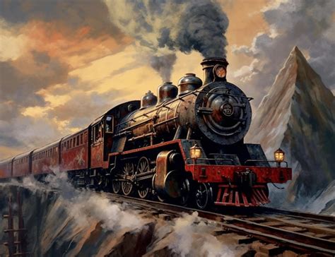 Premium AI Image | Painting of a steam engine train traveling through a mountainous landscape ...