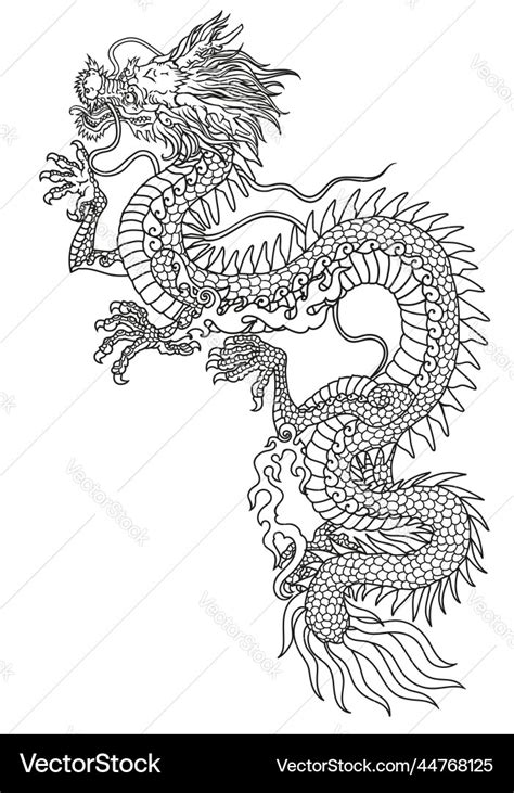 Eastern dragon line art side view black and white Vector Image