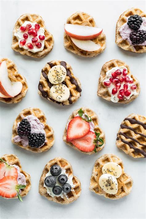 Heart Shaped Mini Waffles with Various Toppings Displayed in Rows. Stock Photo - Image of ...