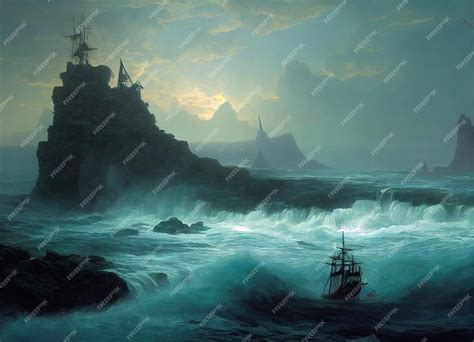 Premium AI Image | A painting of a ship in the ocean with a castle in ...