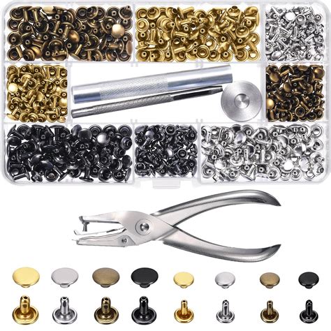 Buy 240 Set Leather Rivets Double Cap Rivet Tubular Metal Studs 2 Sizes with Punch Pliers and 3 ...