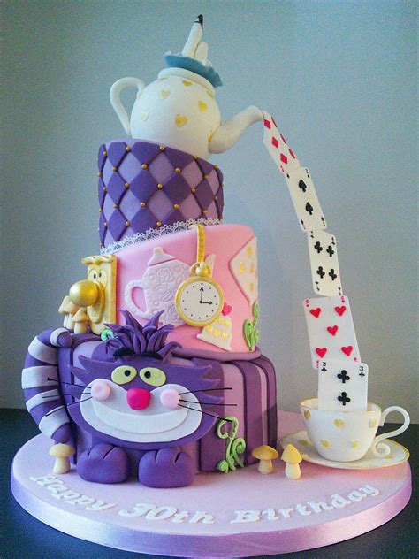 Mad hatters tea party 30th birthday cake with Cheshire cake, pouring playing cards out of a ...