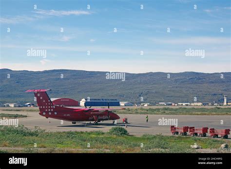 Air Greenland runway and aircraft at Kangerlussuaq Airport, Sisimuit District, Greenland, Arctic ...