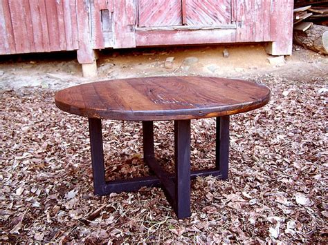 Round Coffee Table, Wormy Chestnut Table, Metal Coffee Table Base, Ind – Strong Oaks Woodshop