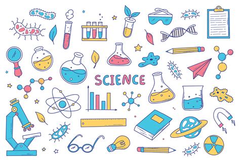 science doodles set, cartoon elements, clip art isolated on white ...