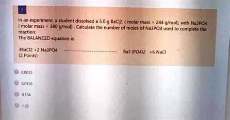 SOLVED: In an experiment, a student dissolved 5.0 g of BaCl2 (molar ...