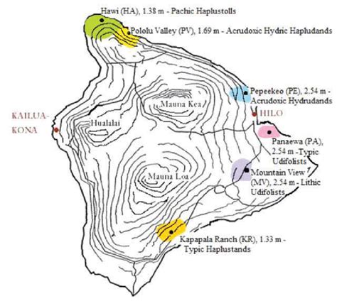 Main island of Hawaii elevation (304.8 m, elevation contour lines) with ...