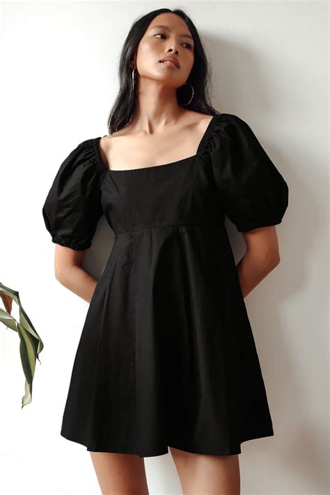 Black Puff Sleeve Dress - Babydoll Dress - Cute Cotton Mini Dress - Lulus