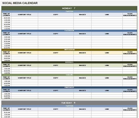 Monthly Excel Monthly Social Media Content Calendar Template