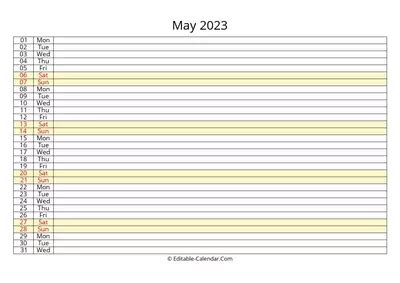 Editable Calendar May 2023 in Excel, Word, PDF