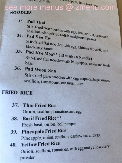 Menu at Thai Hut restaurant, Yonkers