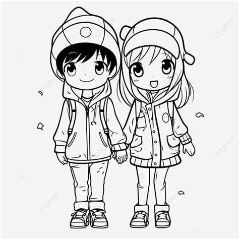 Cute Couple Of Kids With Their Winter Coloring Pages Outline Sketch ...