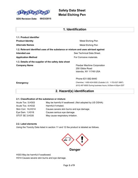 Safety Data Sheet Metal Etching Pen 1. Identification 2. Hazard(s