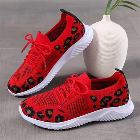 Women's Breathable Lightweight Sneakers Leopard Pattern Lace Up Running Shoes Women's Footwear ...