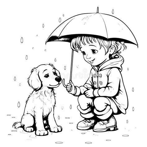 Dog and Girl on a Rainy Day Coloring Pages Drawing for Kids Stock ...