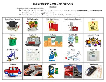 Fixed v. Variable Expenses Practice Sheet by Allison Lizars | TpT