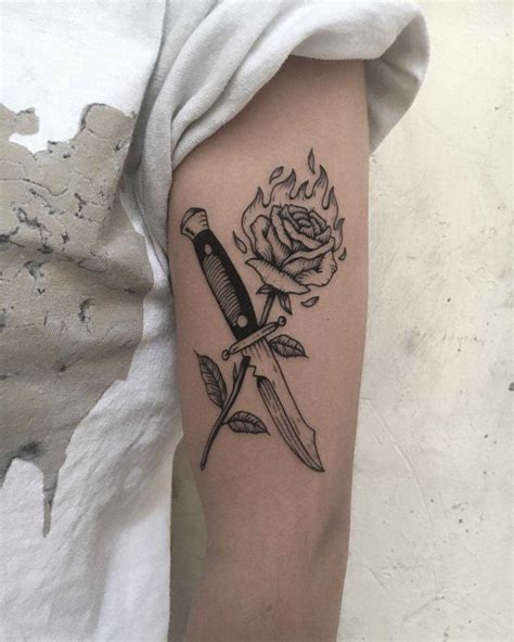 Knife and burning rose tattoo - Tattoogrid.net