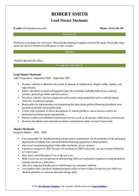 Master Mechanic Resume Samples | QwikResume