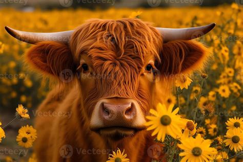 Highland cow face with many various sunflowers. 23383784 Stock Photo at Vecteezy