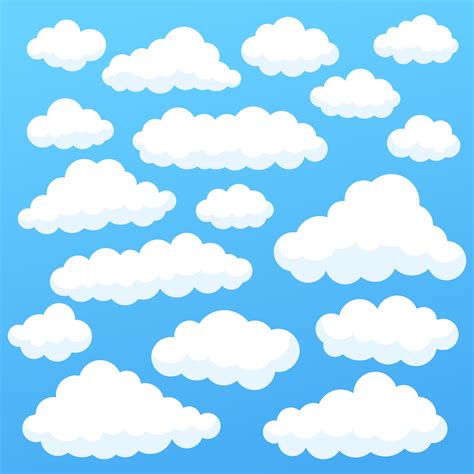 Cartoon clouds isolated on blue sky panorama collection. Cloudscape in blue sky, white cloud ...