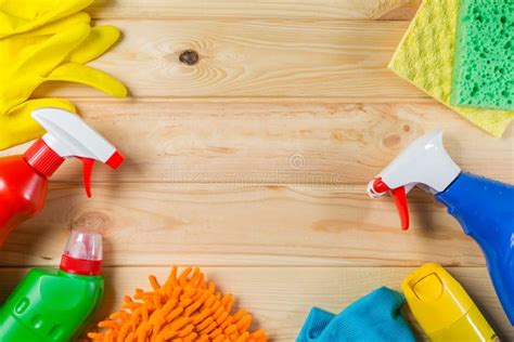 Cleaning Concept - Cleaning Supplies on Wood Background Stock Photo ...