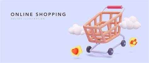 Free Vector | Online shopping banner with 3d shopping cart, clouds and social icons. Vector ...