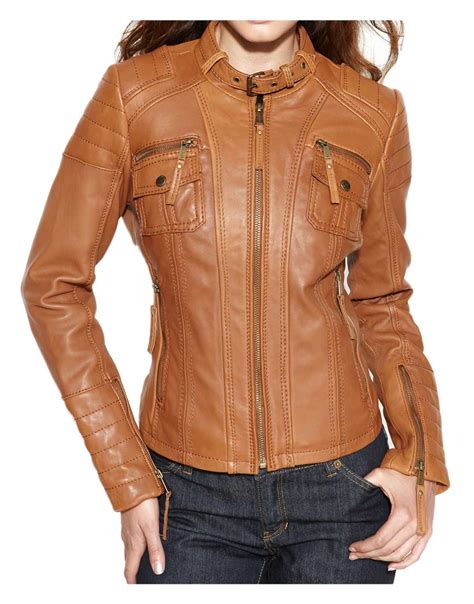 Motorcycle Buckle Collar Womens Brown Leather Jacket - UJackets