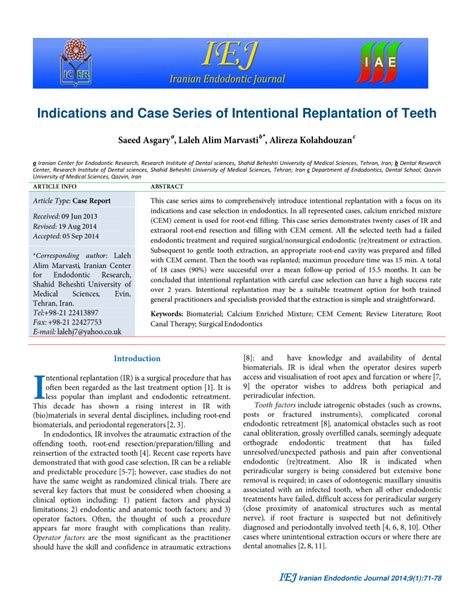 (PDF) Indications and Case Series of Intentional Replantation of Teeth