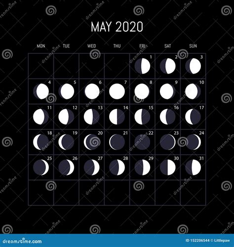 Moon Phases Calendar for 2020 Year. May. Night Background Design Stock ...