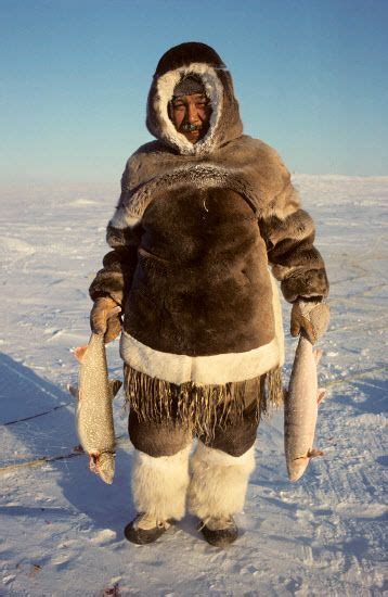 Nutarariaq, an Inuit hunter, with his catch of Arctic Char and Lake Trout. Igloolik, Nunavut ...