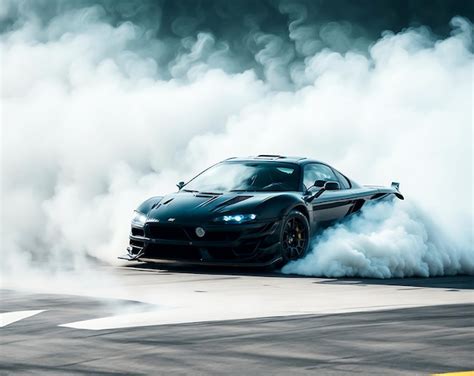 Generic sports car performing burnout or drifting on racing track with ...