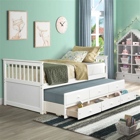 Buy Twin Captain's Bed, Twin Daybed with Trundle and 3 Storage Drawers, Wood Twin Platform Bed ...