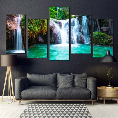 Waterfall Scene Canvas Wall Art, Beautiful White Waterfall Scenery 5 Piece Canvas Print ...